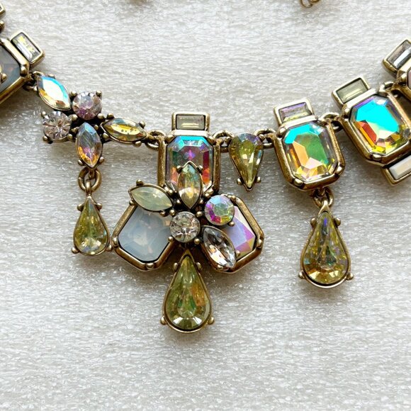 J. Crew Statement Necklace w Iridescent & Teardrop Crystals Antique Gold Tone - Picture 6 of 11